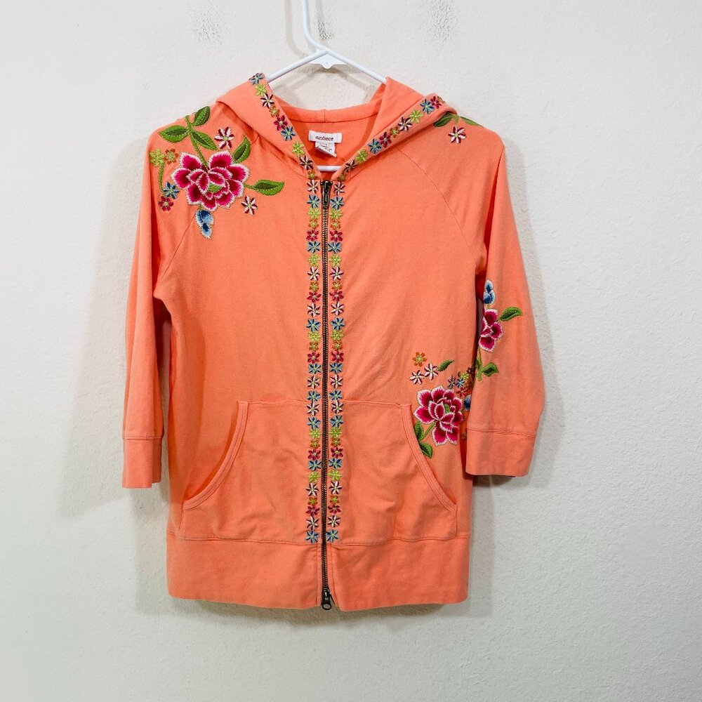 Sundance Y2K Floral Embroidered Full Zip Sweatshirt XSβ Peach Orange 3/4 Sleeve